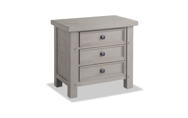 Hudson Gray 3 Drawer Nightstand in transitional style with rustic gray finish, rubberwood and mango veneer, featuring pewter metal knobs.