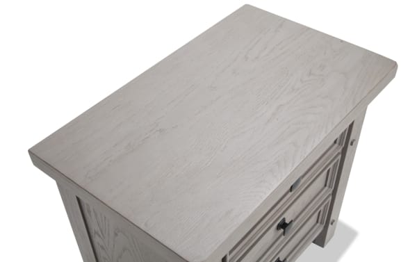 Hudson Gray 3 Drawer Nightstand with rustic gray mango veneer top, rubberwood and pine solids, pewter-finish metal hardware, part of Hudson Bedroom collection.