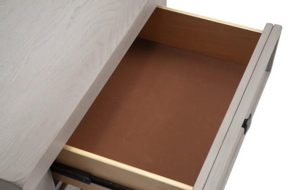 Open drawer of Hudson Gray 3 Drawer Nightstand showing smooth brown interior, rubberwood and mango veneer construction, transitional rustic style.
