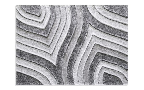 Gray Swirls 8' x 10' abstract rug with geometric wave pattern in gray and white, made of soft polyester fabric for contemporary home decor.