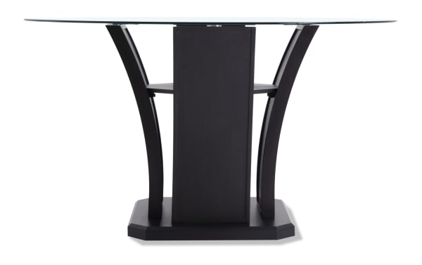 Contemporary Cosmopolitan 7 Piece Dining Set with round tempered glass tabletop, chocolate velvet-upholstered chairs, and espresso tulip base.
