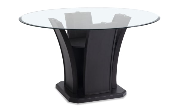 Contemporary Cosmopolitan 7 Piece Dining Set with round tempered glass top, chocolate velvet upholstered chairs, and espresso tulip base.