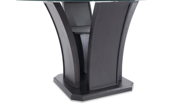 Contemporary Cosmopolitan dining table base in deep espresso finish, featuring curved rubberwood panels and sturdy MDF construction with tempered glass top.