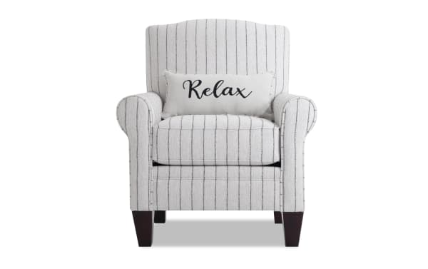 Laurel Gray Accent Chair in gray polyester fabric with transitional style, rolled arms, plush memory foam seat, and "Relax" lumbar pillow.