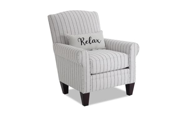 Laurel Gray Accent Chair in gray polyester fabric with transitional style, rolled arms, plush memory foam seat, dark wood legs, and "Relax" pillow.