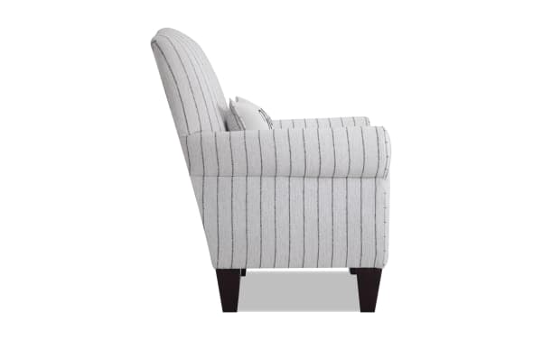 Laurel Gray Accent Chair in gray polyester fabric with vertical stripes, transitional style, roll arms, plush memory foam seat, and dark wood legs.