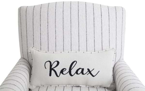Gray Laurel Gray Accent Chair with transitional style, polyester fabric upholstery, classic roll arms, and a decorative pillow reading "Relax" for cozy seating.