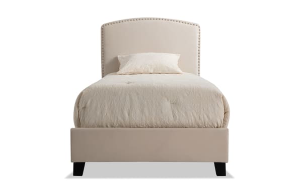 Isabella Full Beige Upholstered Panel Bed with arched headboard, nailhead trim, low profile footboard, and beige polyester fabric in transitional style