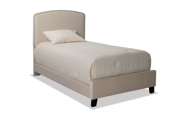 Isabella Full Beige Upholstered Panel Bed with arched headboard, nailhead trim, low profile footboard, beige polyester fabric, transitional style.