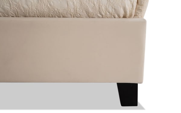Beige Isabella Full Upholstered Panel Bed with low-profile footboard, polyester fabric, transitional style, and black tapered wooden legs.