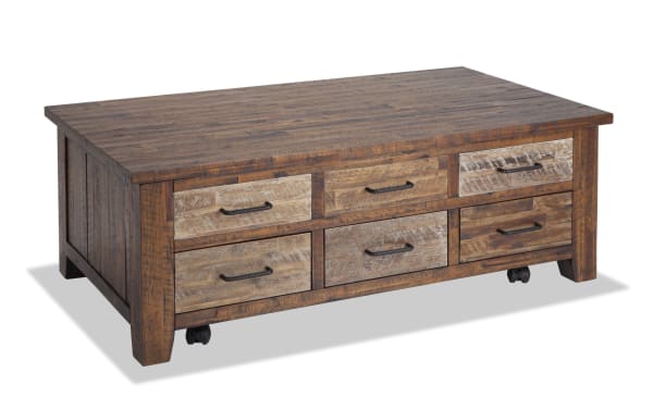 Rustic Relic Distressed Brown Lift-Top Storage Coffee Table in solid acacia wood with iron drawer pulls, spacious drawers, and a distressed finish.