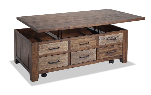 Rustic Relic Distressed Brown Lift-Top Storage Coffee Table in solid acacia wood with iron drawer pulls, spacious drawers, and a versatile lift-top design for living room organization.