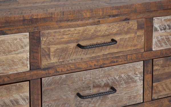 Rustic Relic Distressed Brown Lift-Top Storage Coffee Table made of solid acacia wood with iron drawer pulls, featuring spacious drawers and a distressed finish.