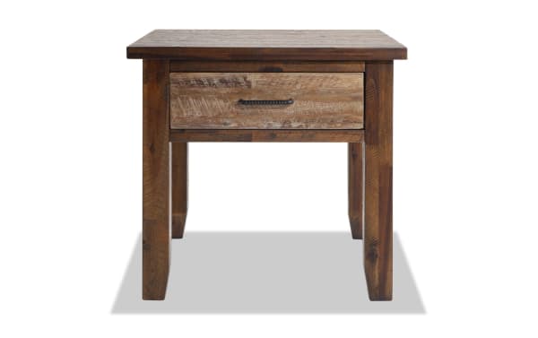 Relic Distressed Brown Storage End Table from Relic Entertainment & Occasional collection, rustic acacia veneer wood with distressed finish and iron drawer pull.