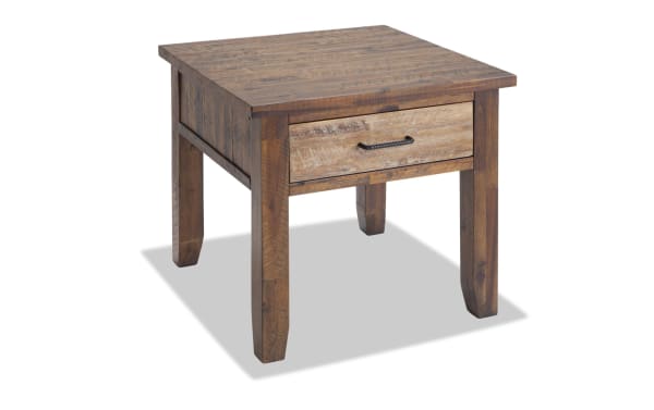 Relic Distressed Brown Storage End Table from Relic Entertainment & Occasional collection, rustic style with acacia veneers, distressed finish, iron drawer pull, and a functional storage drawer.