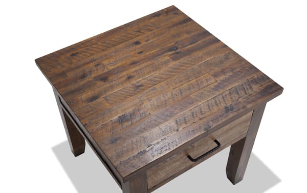 Relic Distressed Brown Storage End Table with rustic acacia veneer finish, iron drawer pull, and single drawer for living room organization.