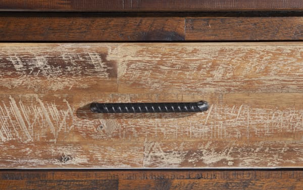 Rustic Relic Distressed Brown Storage End Table with acacia veneer wood, distressed finish, and iron drawer pull for organized living spaces.