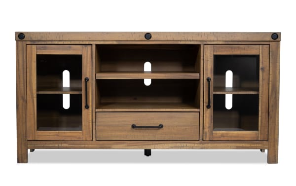 Sonoma 60'' natural rustic TV stand with acacia veneer, MDF, glass doors, black hardware, open shelves, cord management, and center drawer for storage.