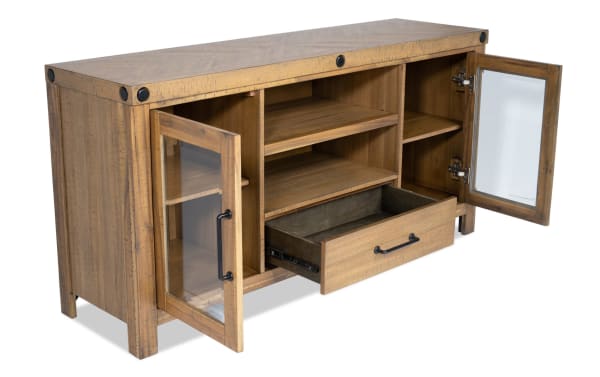 Rustic Sonoma 60'' Natural TV Stand with acacia veneer, glass doors, open shelves, and a central drawer for organized media storage.