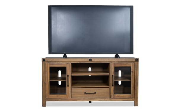 Rustic Sonoma 60'' natural wood TV stand with acacia veneer, glass doors, open shelves, center drawer, and cord management slots.