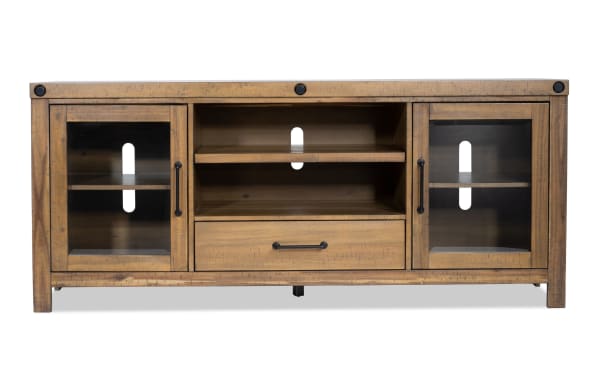 Rustic Sonoma 70'' natural wood TV stand with MDF, acacia veneers, glass doors, two shelves, center drawer, and cord management.