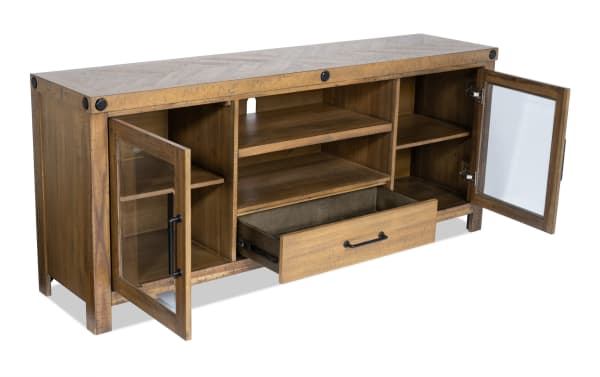 Sonoma 70'' natural rustic TV stand with MDF, acacia veneers, glass doors, two shelves, and central drawer for organized media storage.