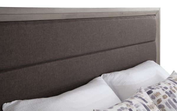 Tremont Full Gray Panel Bed with gray upholstered polyester fabric headboard, rubberwood solids frame, and transitional style design.