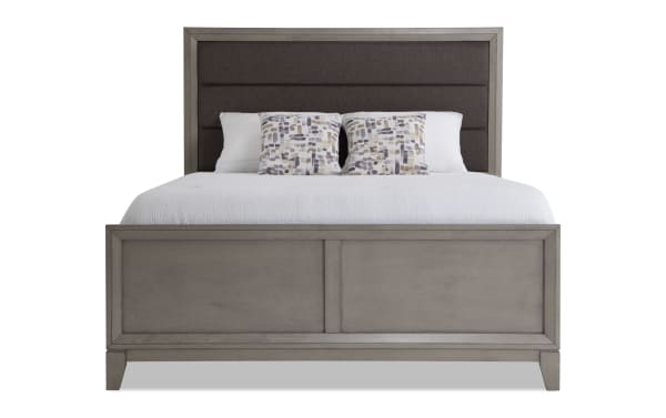 Tremont Queen Gray Panel Bed with gray rubberwood frame, upholstered polyester fabric headboard, and transitional style design.