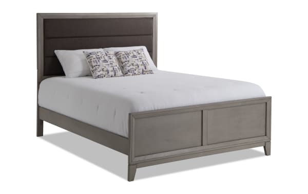 Tremont Queen Gray Panel Bed with gray rubberwood frame, upholstered polyester fabric headboard, and transitional style design.