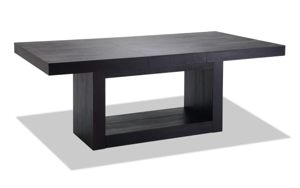 Contemporary Cosmopolitan extendable dining table in black-gray MDF and rubberwood with acacia veneer, part of the 9-piece velvet upholstered set.