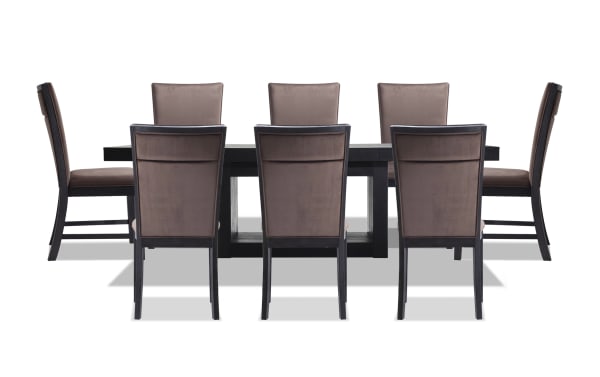 Contemporary Cosmopolitan 9 Piece Dining Set with extendable black MDF table, chocolate velvet-upholstered chairs with memory foam, rubberwood and acacia veneers.