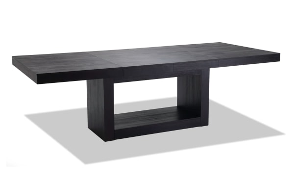 Contemporary Cosmopolitan 9 Piece Dining Set featuring a chocolate extendable MDF and rubberwood table with acacia veneer and velvet upholstered chairs.