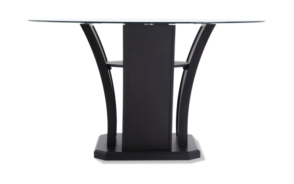 Contemporary Cosmopolitan 5 Piece Dining Set with black tempered glass round top, deep espresso tulip base, and velvet-upholstered chairs.
