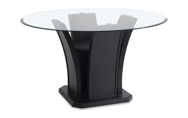 Contemporary Cosmopolitan 5 Piece Dining Set with round tempered glass top, black tulip-style rubberwood base, and velvet-upholstered chairs.