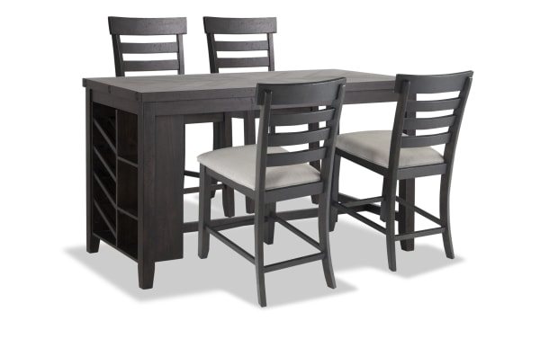 Sonoma 5 Piece Espresso Upholstered Counter Height Kitchen Island Set with rustic espresso acacia wood, beige polyester fabric seats, built-in wine storage, and USB power outlet.
