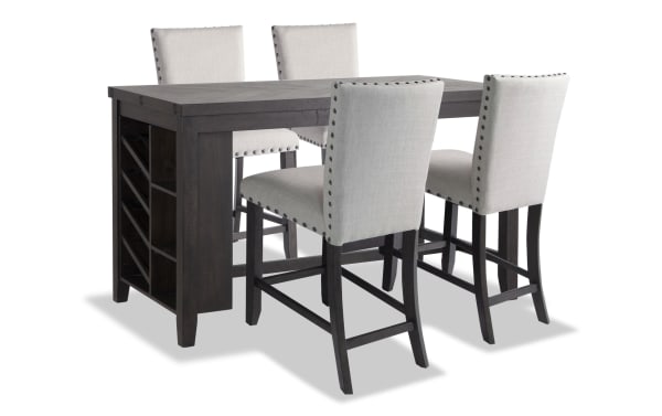 Sonoma 5 Piece Espresso Rustic Kitchen Island Set with beige polyester fabric upholstered counter-height stools, acacia wood, built-in wine rack, and USB outlet.