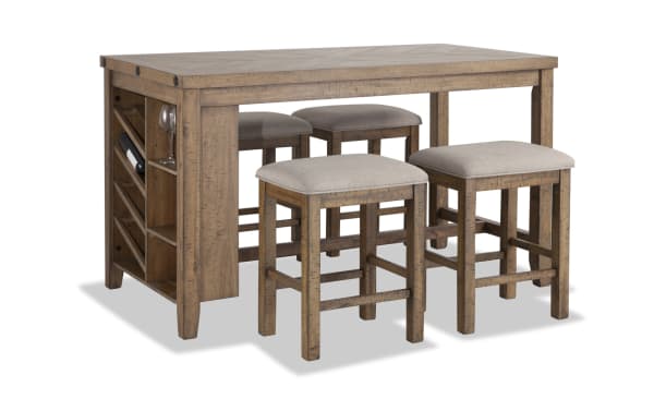 Sonoma 5 Piece Natural Upholstered Counter Height Kitchen Island Set in rustic beige with acacia veneers, fabric seats, wine storage, and USB outlet.