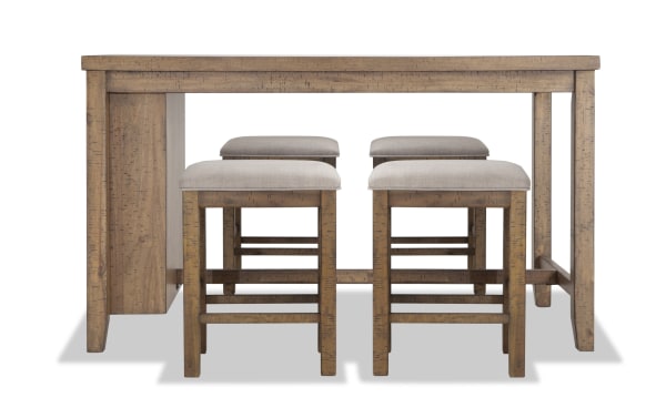 Rustic Sonoma 5 Piece Natural Upholstered Counter Height Kitchen Island Set with beige polyester fabric seats, acacia veneer wood, and storage shelves.