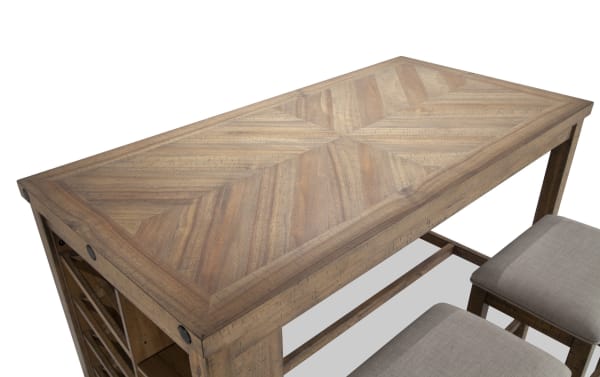 Rustic Sonoma 5 Piece Natural Upholstered Counter Height Kitchen Island Set with acacia veneer wood top, beige polyester fabric stools, and built-in wine storage.