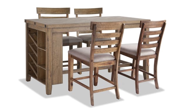 Sonoma 5 Piece Natural Upholstered Counter Height Kitchen Island Set with solid acacia wood, rustic beige finish, fabric cushioned stools, wine storage, and USB outlet.