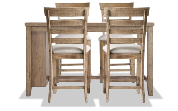 Sonoma 5 Piece Natural Upholstered Counter Height Kitchen Island Set with rustic solid acacia wood, beige polyester fabric seats, and storage shelves.