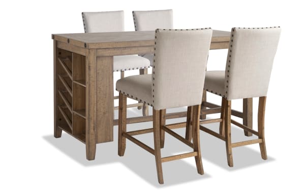 Sonoma 5 Piece Natural Upholstered Counter Height Kitchen Island Set with rustic acacia wood, beige polyester fabric stools, wine storage, and USB outlet.