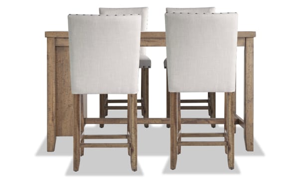 Sonoma 5 Piece Natural Upholstered Counter Height Kitchen Island Set with rustic acacia wood, beige polyester fabric stools, and storage shelves.