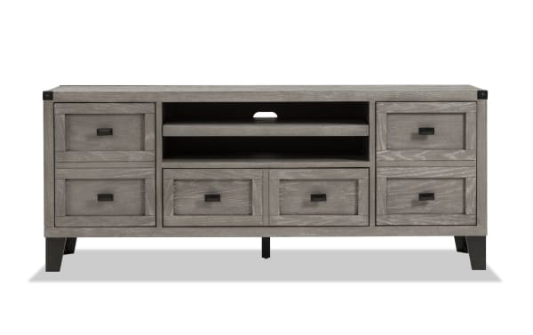 Wentworth 64'' gray transitional TV stand with poplar solid wood, MDF, metal accents, six drawers, and open center shelving for media storage.