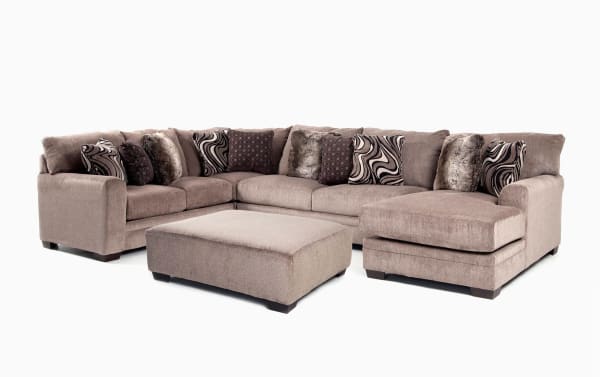 Luxe Gray 150'' 4 Piece Right Arm Facing Chaise Sectional with Ottoman in soft gray polyester fabric, transitional style with plush cushions and 10 patterned accent pillows.