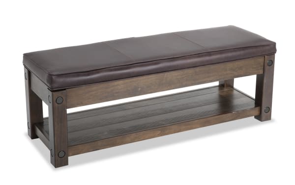 Sonoma Brown Leather Storage Bench with cushioned leather upholstery, birch veneer frame, industrial style, and lower wood shelf for storage.