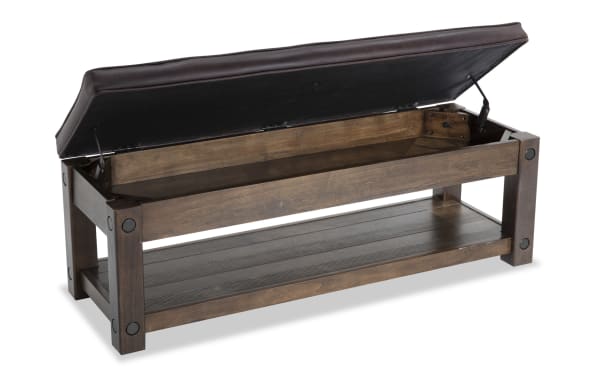 Sonoma Brown Leather Storage Bench with birch veneer frame, industrial style, padded leather top, and hidden storage compartment.