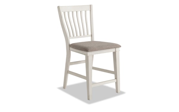 Rustic Montana White & Beige Slat Back Counter Height Stool with beige polyester fabric seat, rubberwood frame, and memory foam cushion for comfort.