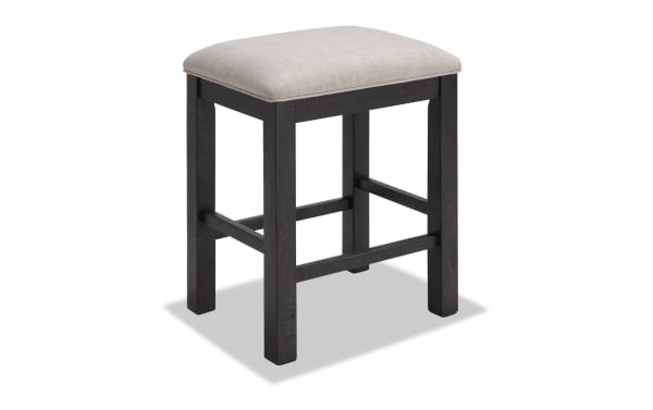 Rustic Sonoma Espresso backless counter stool with beige polyester fabric seat, solid acacia wood frame, and memory foam cushion for kitchen islands.