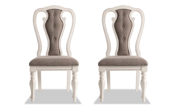 Set of 2 Scarlett White & Beige Queen Anne Upholstered Dining Chairs with tufted splat back, carved legs, polyester fabric, and distressed antique white finish.